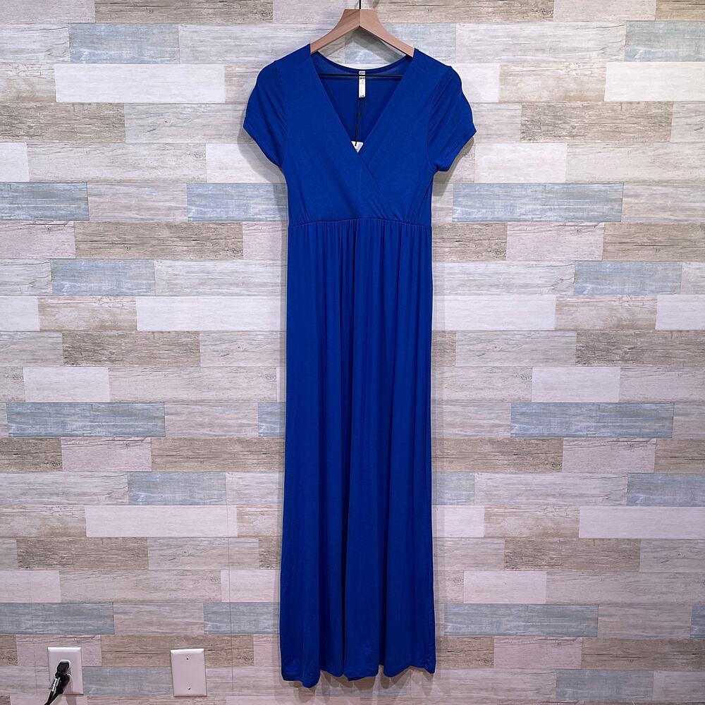 MOTHER BEE Empire Wrap Maternity Dress Blue Stretch Jersey Knit Womens Medium